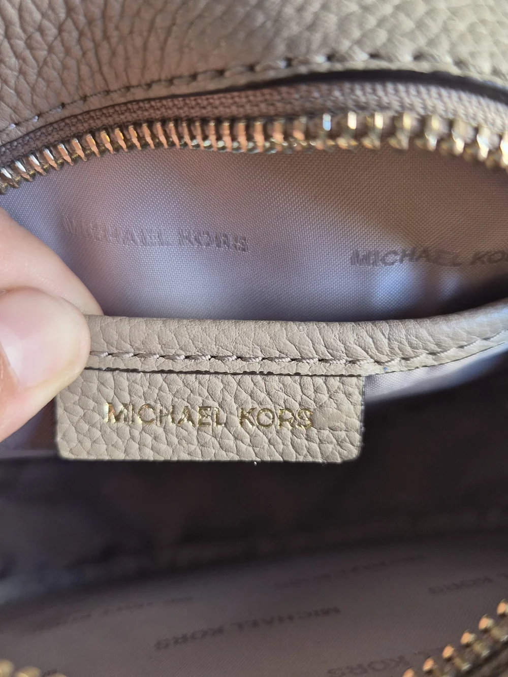 Michael Kors Round Canteen Crossbody Bag Pebbled Leather Taupe Beige